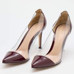 Pre Owned Gianvito Rossi Burgundy/Transparent Patent Leather and PVC Plexi Pointed Toe Pumps Size 37.5