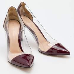 Pre Owned Gianvito Rossi Burgundy/Transparent Patent Leather and PVC Plexi Pointed Toe Pumps Size 37.5