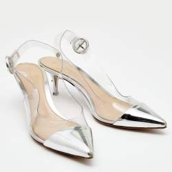 Pre Owned Gianvito Rossi Silver Leather and PVC Slingback Pumps Size 40