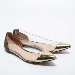 Pre Owned Gianvito Rossi Gold/Army Green Leather, Suede and PVC Plexi Ballet Flats Size 40