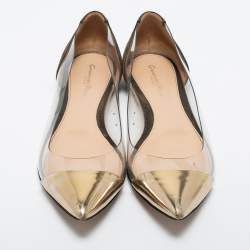 Pre Owned Gianvito Rossi Gold/Army Green Leather, Suede and PVC Plexi Ballet Flats Size 40