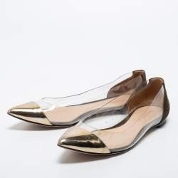 Pre Owned Gianvito Rossi Gold/Army Green Leather, Suede and PVC Plexi Ballet Flats Size 40