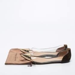 Pre Owned Gianvito Rossi Gold/Army Green Leather, Suede and PVC Plexi Ballet Flats Size 40