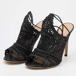 Pre Owned Gianvito Rossi Black Woven Leather Ankle Tie Sandals Size 38