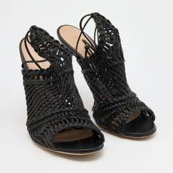 Pre Owned Gianvito Rossi Black Woven Leather Ankle Tie Sandals Size 38