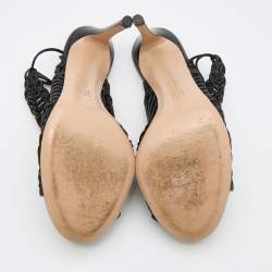 Pre Owned Gianvito Rossi Black Woven Leather Ankle Tie Sandals Size 38