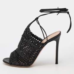 Pre Owned Gianvito Rossi Black Woven Leather Ankle Tie Sandals Size 38