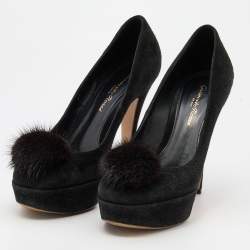 Gianvito Rossi Black Suede and Mink Fur Platform Pumps Size 37