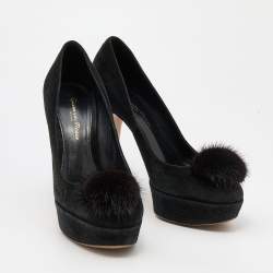 Gianvito Rossi Black Suede and Mink Fur Platform Pumps Size 37