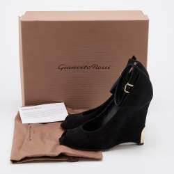 Pre Owned Gianvito Rossi Black Suede Wedge Peep Toe Ankle Strap Pumps Size 39.5