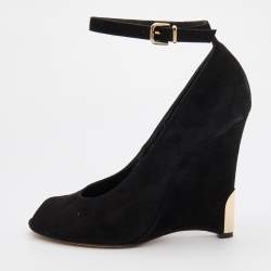 Pre Owned Gianvito Rossi Black Suede Wedge Peep Toe Ankle Strap Pumps Size 39.5