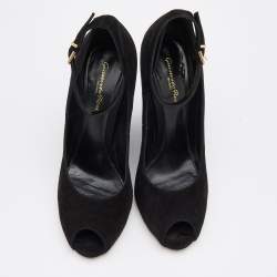 Pre Owned Gianvito Rossi Black Suede Wedge Peep Toe Ankle Strap Pumps Size 39.5