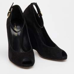 Pre Owned Gianvito Rossi Black Suede Wedge Peep Toe Ankle Strap Pumps Size 39.5