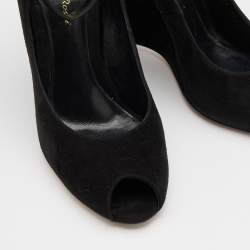 Pre Owned Gianvito Rossi Black Suede Wedge Peep Toe Ankle Strap Pumps Size 39.5