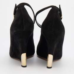 Pre Owned Gianvito Rossi Black Suede Wedge Peep Toe Ankle Strap Pumps Size 39.5