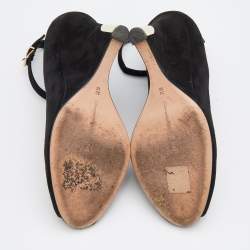 Pre Owned Gianvito Rossi Black Suede Wedge Peep Toe Ankle Strap Pumps Size 39.5