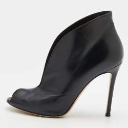 Pre Owned Gianvito Rossi Black Leather Vamp Peep Toe Booties Size 37.5