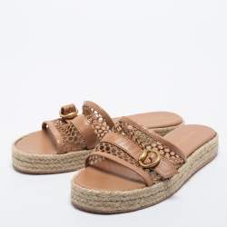 Pre Owned Gianvito Beige Leather and Mesh Espadrille Platform Slides Size 39