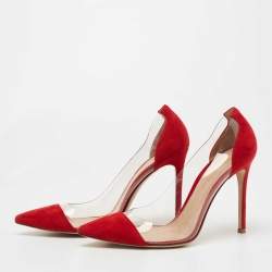 Pre Owned Gianvito Rossi Red Suede and PVC Plexi Pumps Size 38