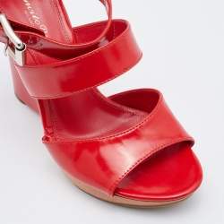 Pre Owned Gianvito Rossi Red Leather Wedge Strappy Sandals Size 37.5 