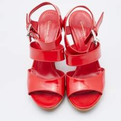 Pre Owned Gianvito Rossi Red Leather Wedge Strappy Sandals Size 37.5 