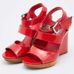 Pre Owned Gianvito Rossi Red Leather Wedge Strappy Sandals Size 37.5 