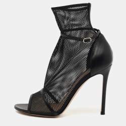 Pre Owned Gianvito Rossi Black Leather and Mesh Idol Open Toe Booties Size 39.5