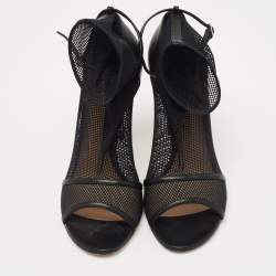 Pre Owned Gianvito Rossi Black Leather and Mesh Idol Open Toe Booties Size 39.5