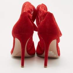 Pre Owned Gianvito Rossi Red Lace and Suede Brinn Booties Size 38.5