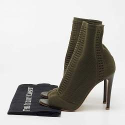 Pre Owned Gianvito Rossi Army Green Knit Fabric Open Toe Ankle Booties Size 38.5