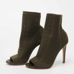 Pre Owned Gianvito Rossi Army Green Knit Fabric Open Toe Ankle Booties Size 38.5