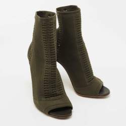 Pre Owned Gianvito Rossi Army Green Knit Fabric Open Toe Ankle Booties Size 38.5