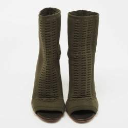Pre Owned Gianvito Rossi Army Green Knit Fabric Open Toe Ankle Booties Size 38.5