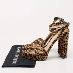 Pre Owned Gianvito Rossi Brown/Beige Leopard Print Calf Hair Platform Ankle Strap Sandals Size 39