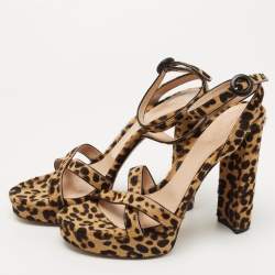 Pre Owned Gianvito Rossi Brown/Beige Leopard Print Calf Hair Platform Ankle Strap Sandals Size 39