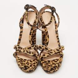 Pre Owned Gianvito Rossi Brown/Beige Leopard Print Calf Hair Platform Ankle Strap Sandals Size 39