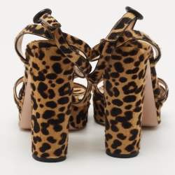 Pre Owned Gianvito Rossi Brown/Beige Leopard Print Calf Hair Platform Ankle Strap Sandals Size 39