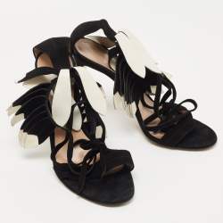 Pre Owned Gianvito Rossi Black Suede Fringe Ankle Tie Sandals Size 38.5