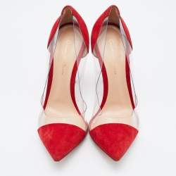 Pre Owned Gianvito Rossi Red/Transparent Suede and PVC Plexi Pointed Toe Pumps Size 38
