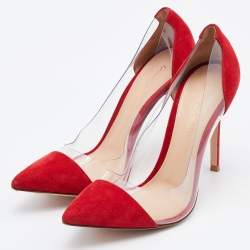 Pre Owned Gianvito Rossi Red/Transparent Suede and PVC Plexi Pointed Toe Pumps Size 38