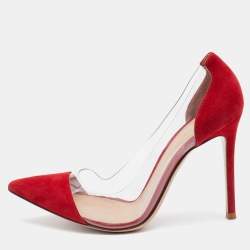 Pre Owned Gianvito Rossi Red/Transparent Suede and PVC Plexi Pointed Toe Pumps Size 38