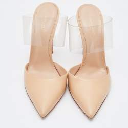 Pre Owned Gianvito Rossi Beige/Transparent Leather and PVC Virtua Pointed Toe Mules Size 37.5