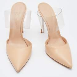 Pre Owned Gianvito Rossi Beige/Transparent Leather and PVC Virtua Pointed Toe Mules Size 37.5