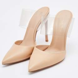 Pre Owned Gianvito Rossi Beige/Transparent Leather and PVC Virtua Pointed Toe Mules Size 37.5