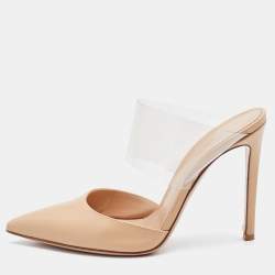 Pre Owned Gianvito Rossi Beige/Transparent Leather and PVC Virtua Pointed Toe Mules Size 37.5