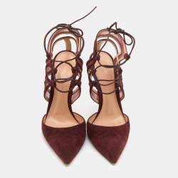 Pre Owned Gianvito Rossi Burgundy Suede and Mesh Ankle Wrap Sandals Size 37