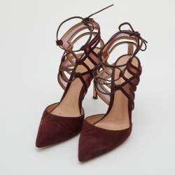 Pre Owned Gianvito Rossi Burgundy Suede and Mesh Ankle Wrap Sandals Size 37