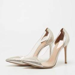 Pre Owned Gianvito Rossi Metallic Silver Suede PVC Plexi Pointed Toe Pumps Size 38.5