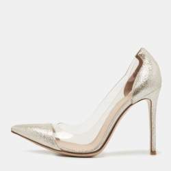 Pre Owned Gianvito Rossi Metallic Silver Suede PVC Plexi Pointed Toe Pumps Size 38.5