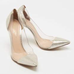 Pre Owned Gianvito Rossi Metallic Silver Suede PVC Plexi Pointed Toe Pumps Size 38.5